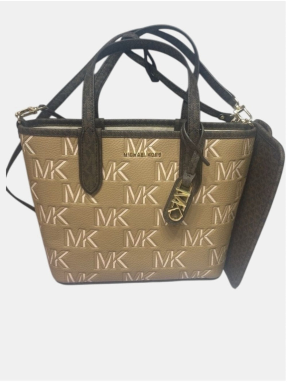 Michael Kors Eliza Small Embossed Tote & Matching Wallet Camel Brown Tan Logo - Picture 3 of 15